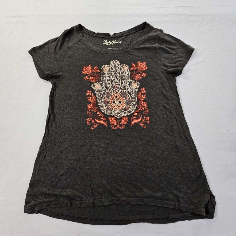 Lucky Brand Hamsa Hand Gray Short Sleeve Cotton Blend T-Shirt Women's S